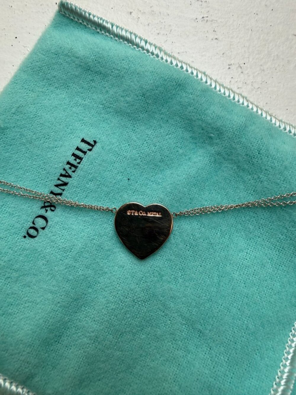 Tiffany & Co 925 Sterling Silver RUBEDO Double Chain Heart Tag Necklace - Picture 6 of 9